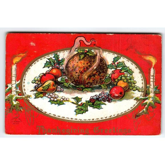 Vintage 1908 Thanksgiving Greetings Postcard Lithograph with Turkey & Candles - Picture 1 of 2